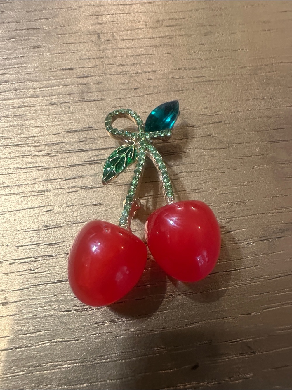 Red Cherry Crystal Brooch with Green Accents